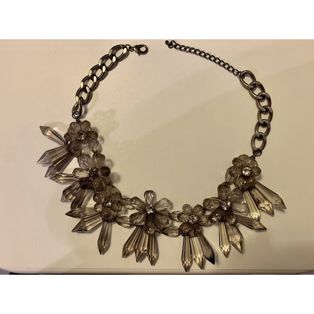Flower Statement Necklace Smoky Acrylic Rhinestone Gunmetal Bold Floral